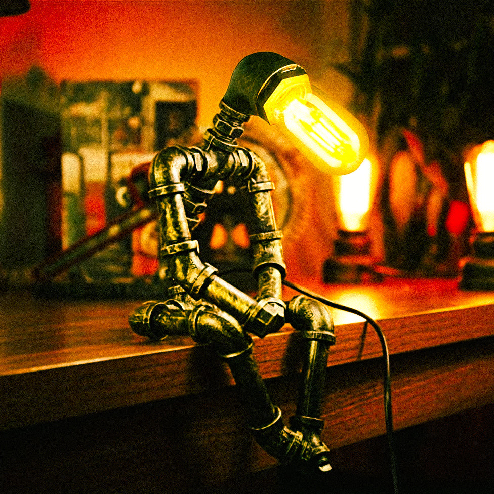 Halfdan Steampunk Robot Pipe Desk Lamp