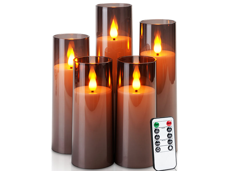 Itsuki Flameless LED Pillar Candles - Set of 5 Battery Operated Flickering Lights with Remote & Timer