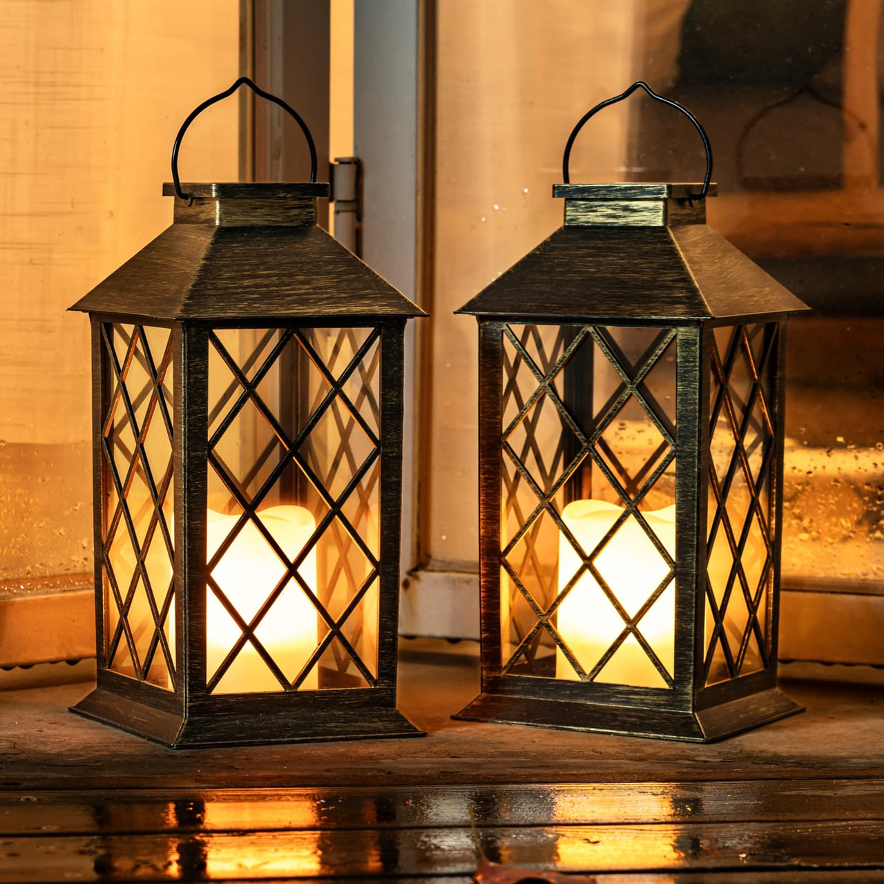 Asahi Bronze Solar Lanterns with Flickering Flameless Candles - Set of 2