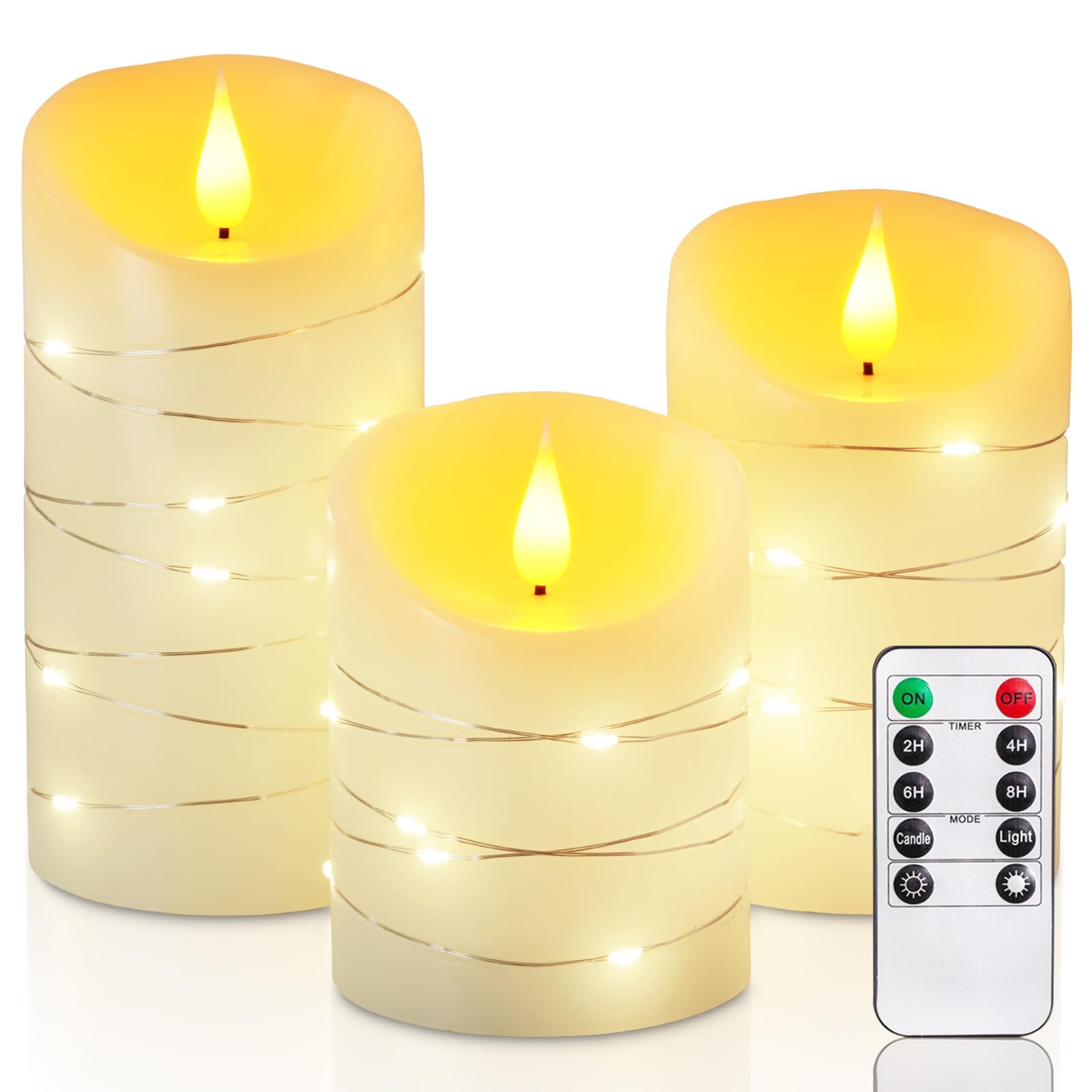 Hana Flameless Candles with Twinkling Fairy String Lights - Set of 3 LED Candles, Remote Control & Timer in Ivory White