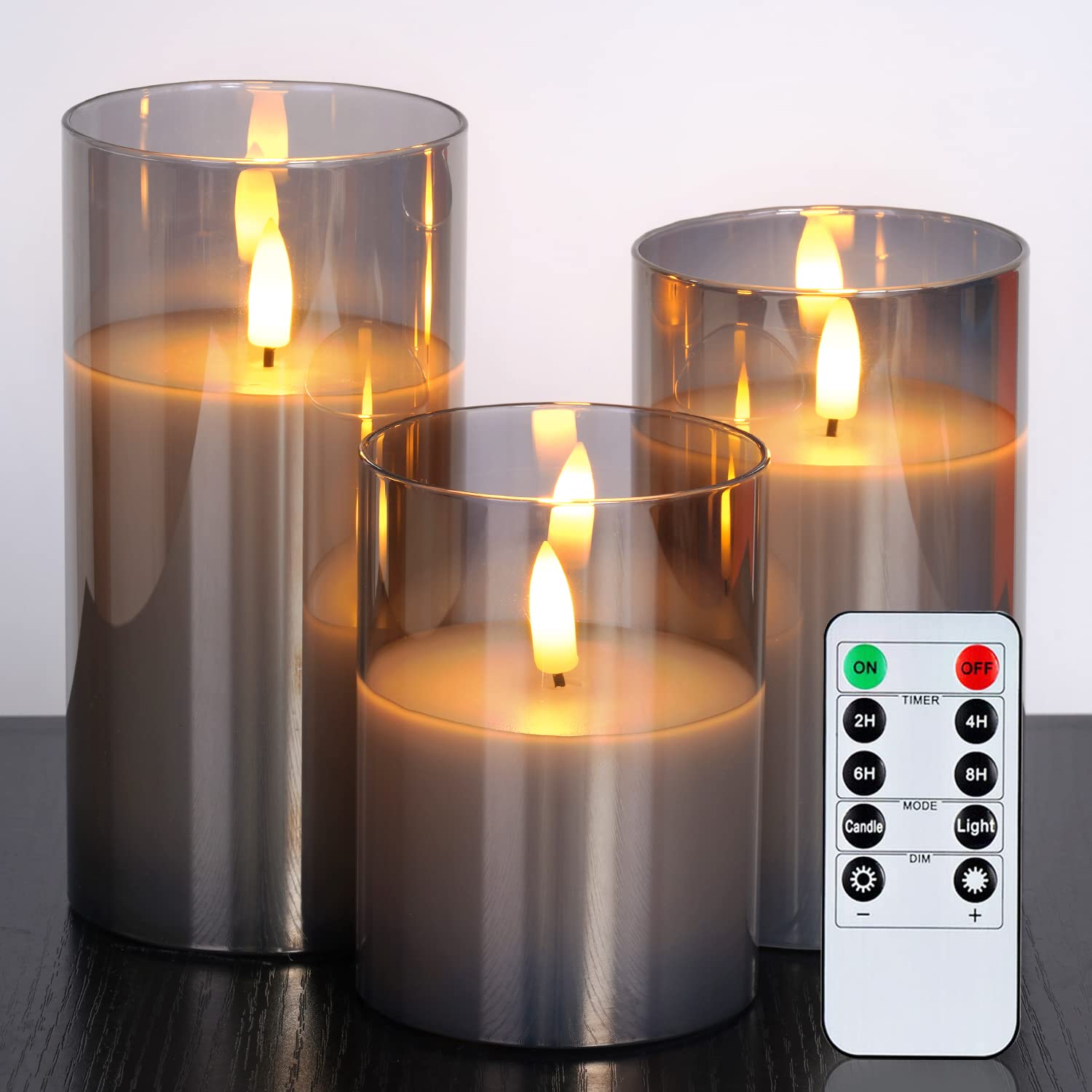 NELLA Grey Glass Flameless Candles Set of 3 – Battery LED Pillars with Remote Control & Timer (D3 H4", 5", 6")