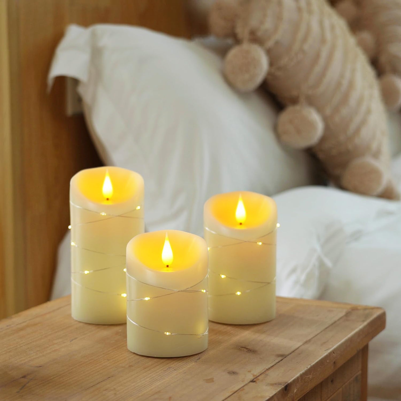 Hana Flameless Candles with Twinkling Fairy String Lights - Set of 3 LED Candles, Remote Control & Timer in Ivory White