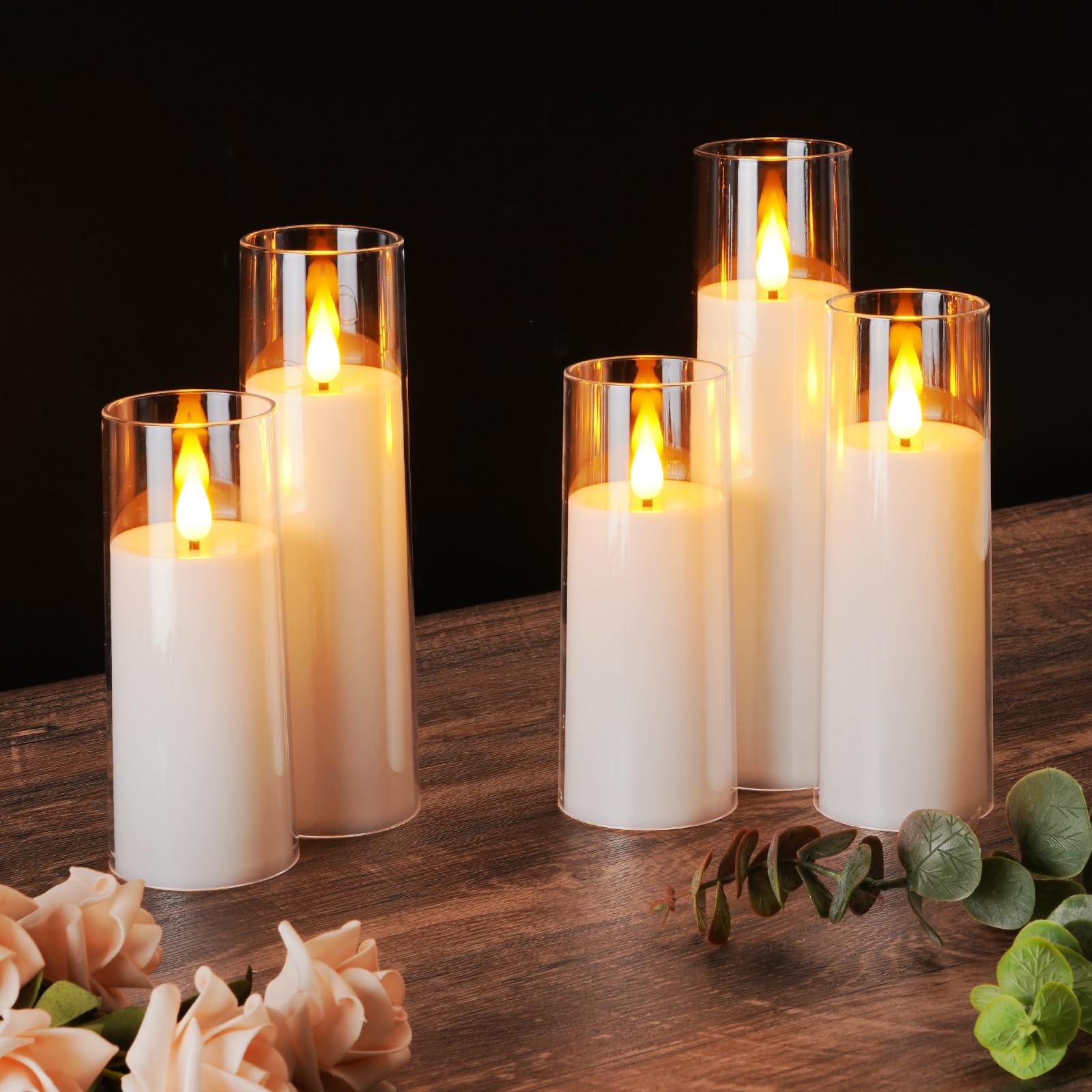 Akemi White Flameless Candles - Battery Operated, LED Pillar Set of 5 with Remote Control and Timer