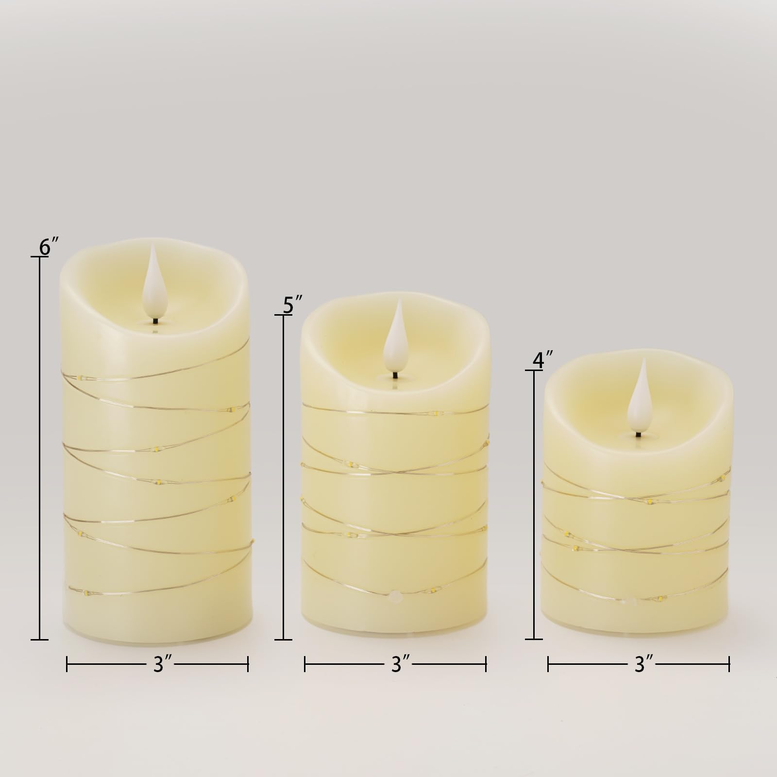 Hana Flameless Candles with Twinkling Fairy String Lights - Set of 3 LED Candles, Remote Control & Timer in Ivory White