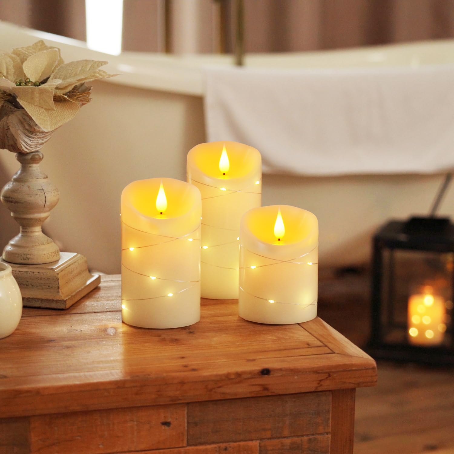 Hana Flameless Candles with Twinkling Fairy String Lights - Set of 3 LED Candles, Remote Control & Timer in Ivory White